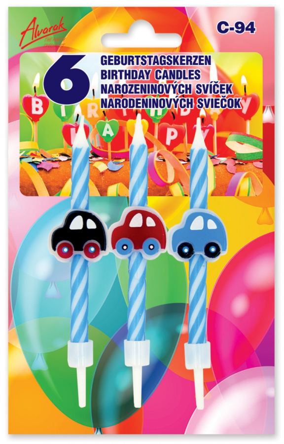 6 Blau-Weiß Gestreifte Geburtstagskerzen mit Autos