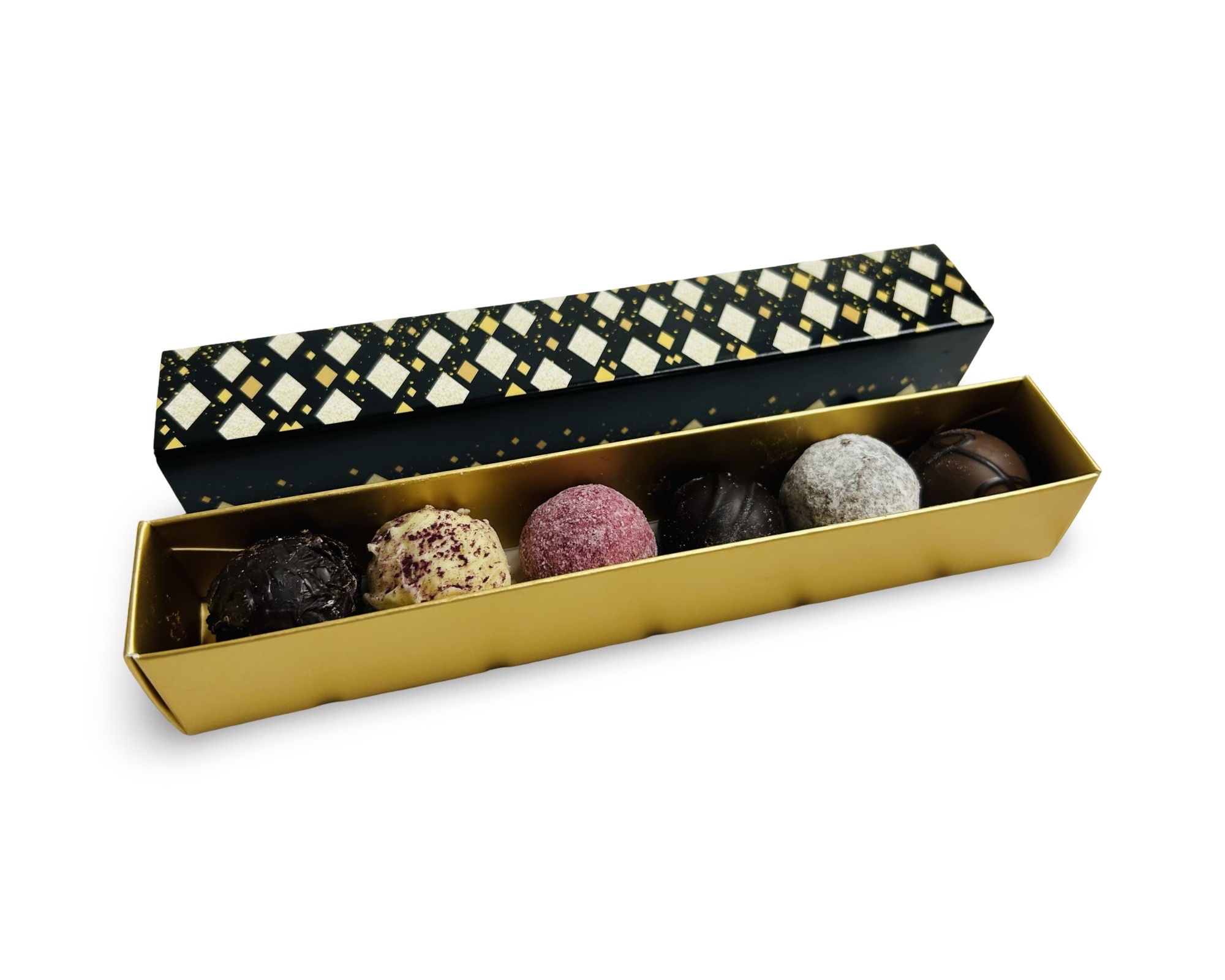 Pralinenverpackung Gold mit Deckel – 18 x 3,3 x 3,3 cm 